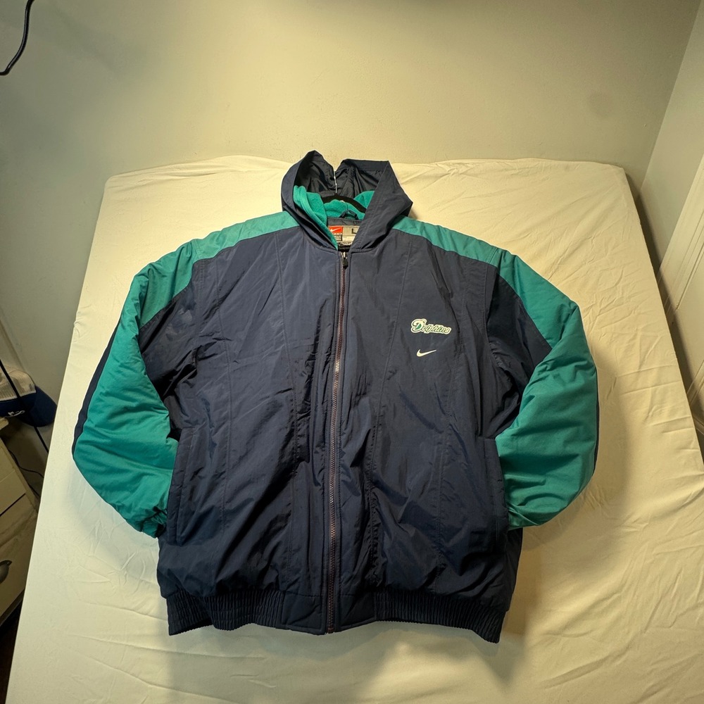 Vintage Miami Dolphins Nike Jacket Large Blue Two Tone Spellout Puffer Hooded
